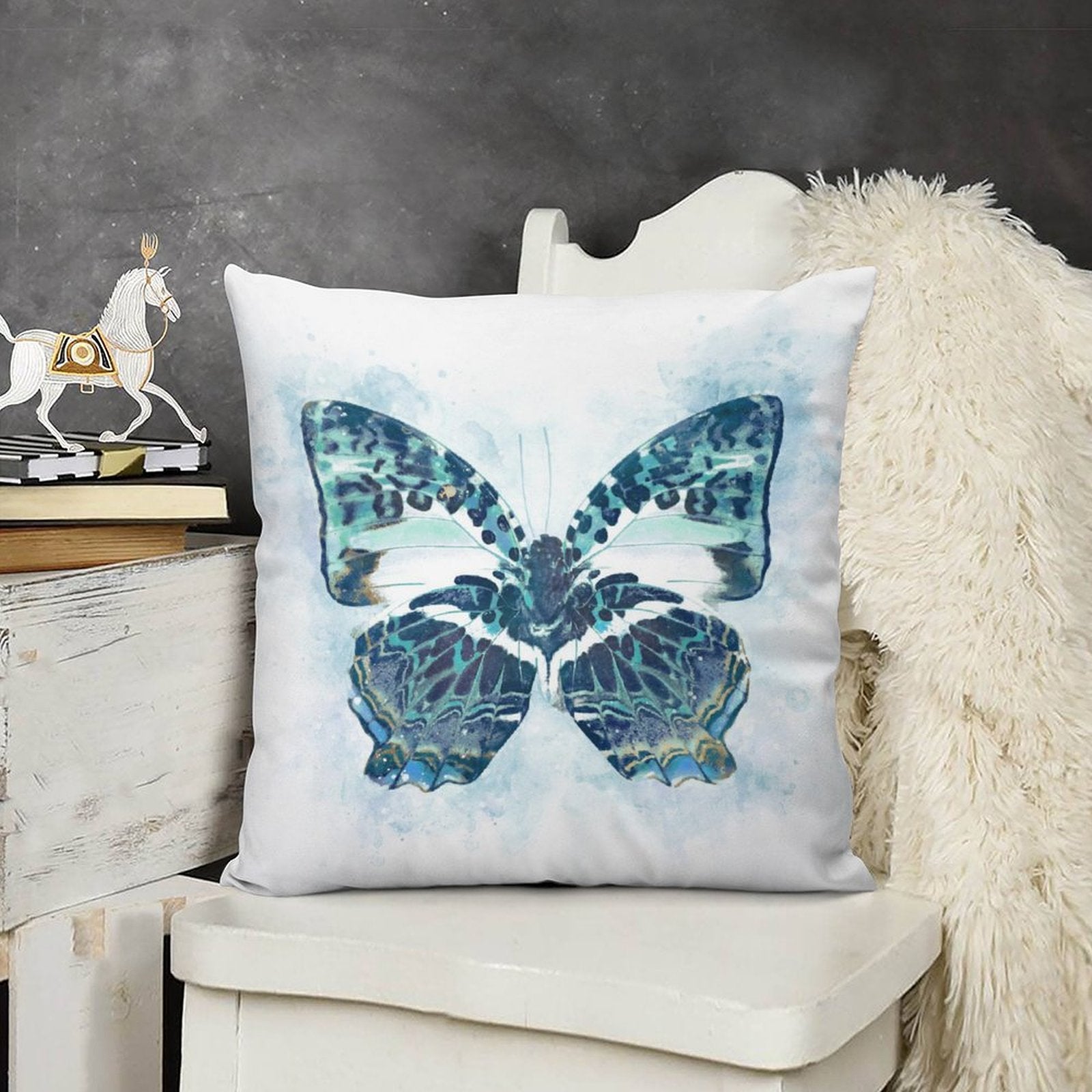 Blue butterfly art plush pillow cover for living room decor, made of soft short plush material