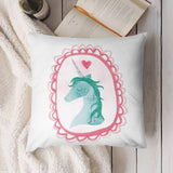 Unicorn throw pillow cover, soft plush, pink frame, watercolor design for couch decor