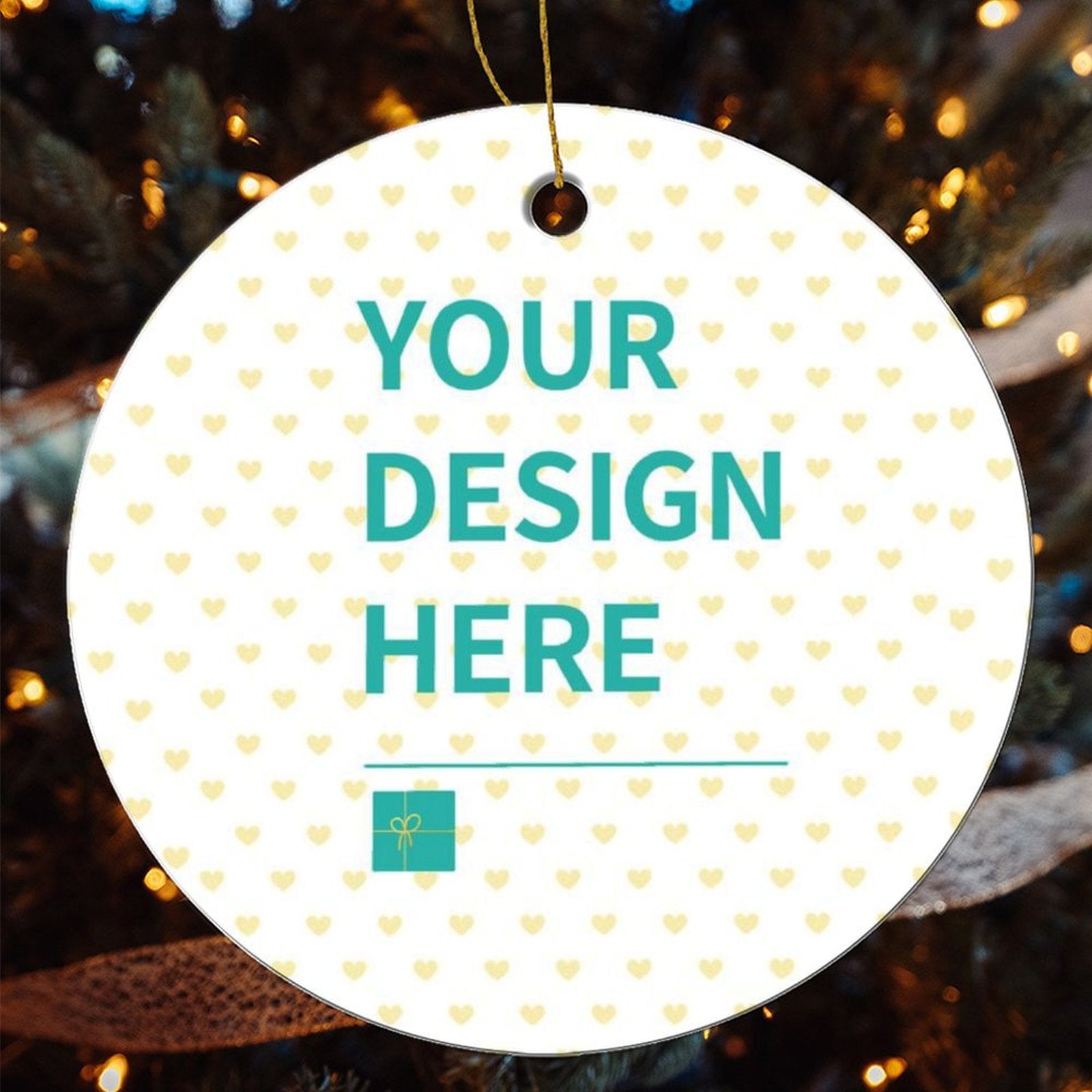 Personalized round ceramic Christmas ornament with 'YOUR DESIGN HERE' text, ideal for custom photo gifts, tree decor