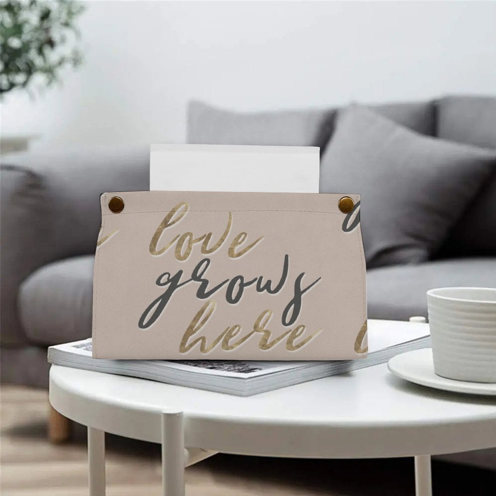 Beige PU tissue box cover with 'Love Grows Here' design, home decor essential