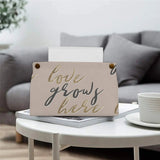 Beige PU tissue box cover with 'Love Grows Here' design, home decor essential