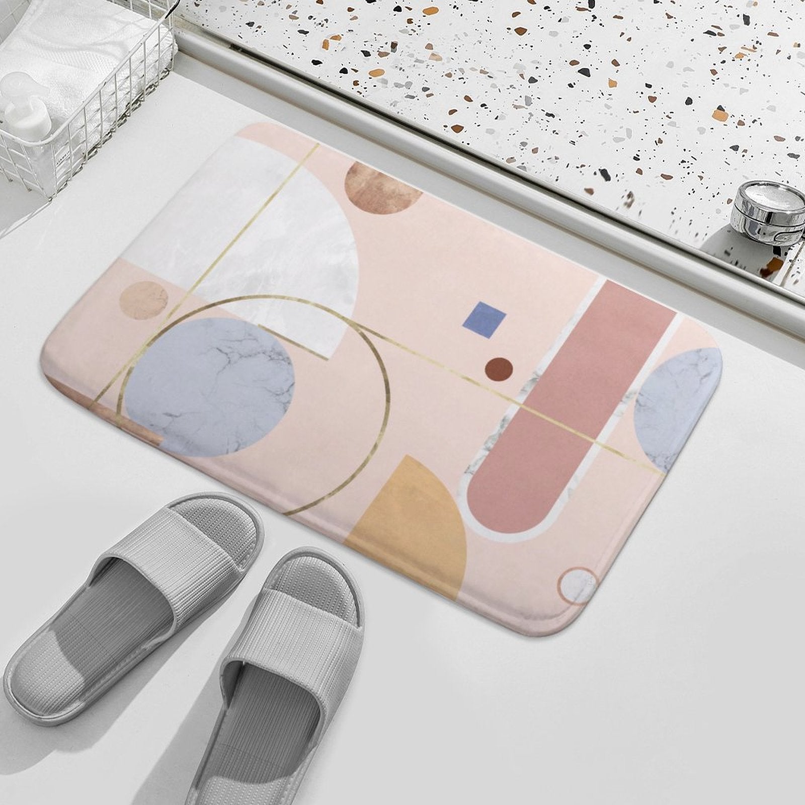 Coral velvet bath rug with geometric design, non-slip bathroom rug, MyArtsyGift.