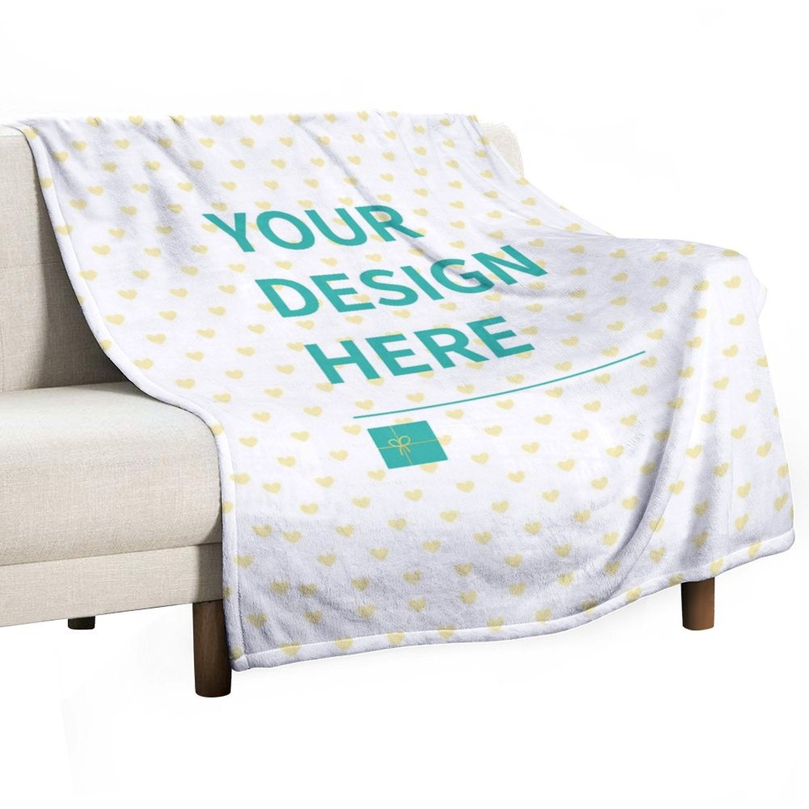 Custom fleece blanket with heart pattern and Your Design Here text, customizable gift