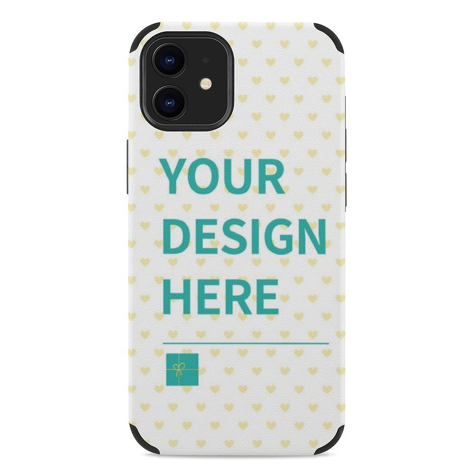 Custom iPhone 12 Series Case with heart pattern and 'YOUR DESIGN HERE' text, a perfect personalized gift