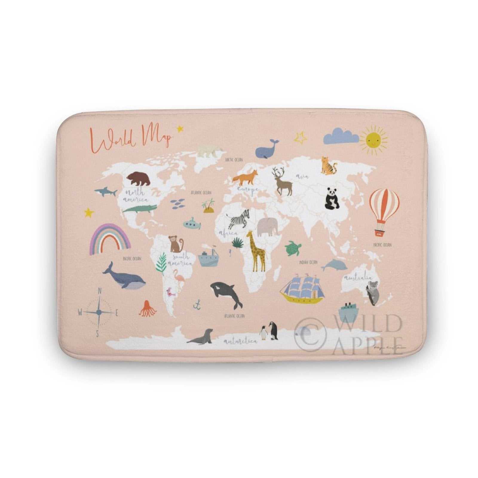 Coral velvet bath rug with world map design, non-slip, ideal for bathroom or kitchen.