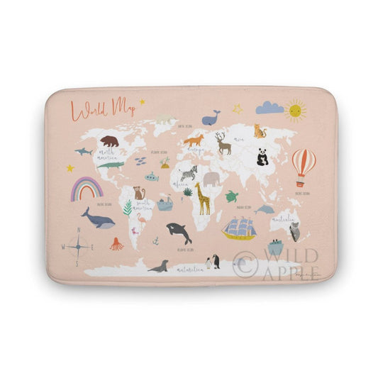 Coral velvet bath rug with world map design, non-slip, ideal for bathroom or kitchen.