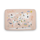 Coral velvet bath rug with world map design, non-slip, ideal for bathroom or kitchen.