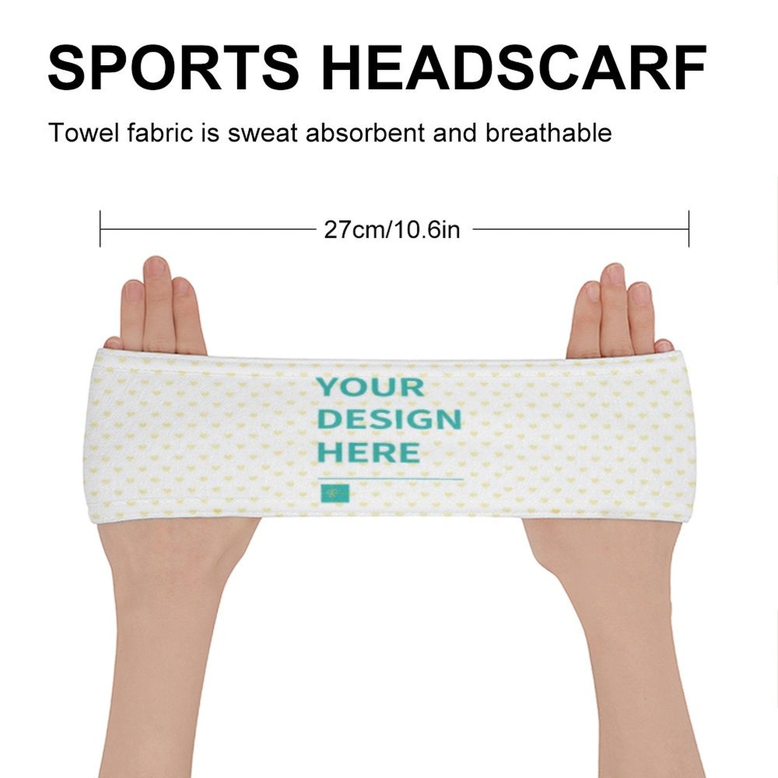 Customizable sports headband featuring 'YOUR DESIGN HERE' on towel fabric, breathable for workouts
