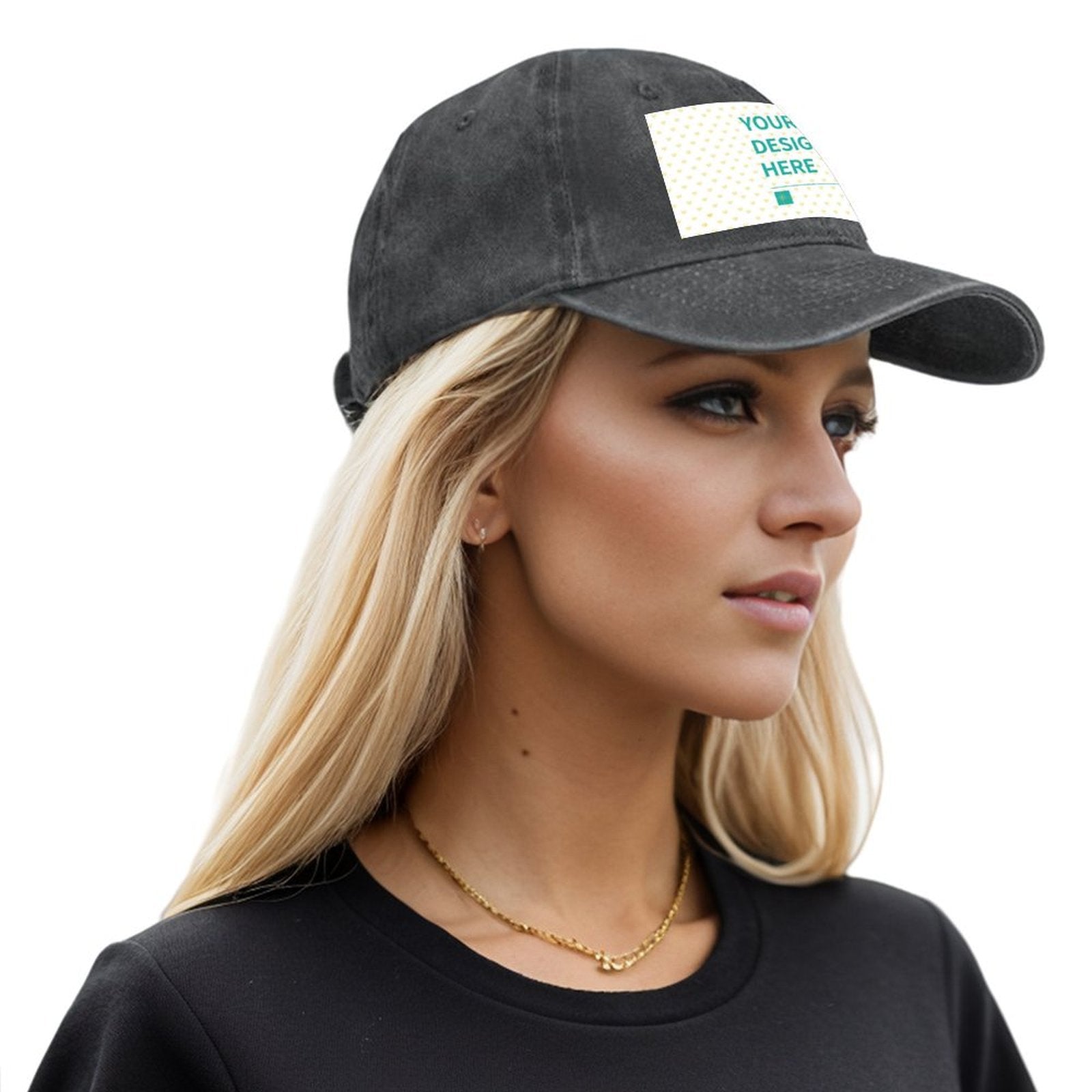 Custom washed denim baseball cap with "YOUR DESIGN HERE" area. Personalized gift for men and women.