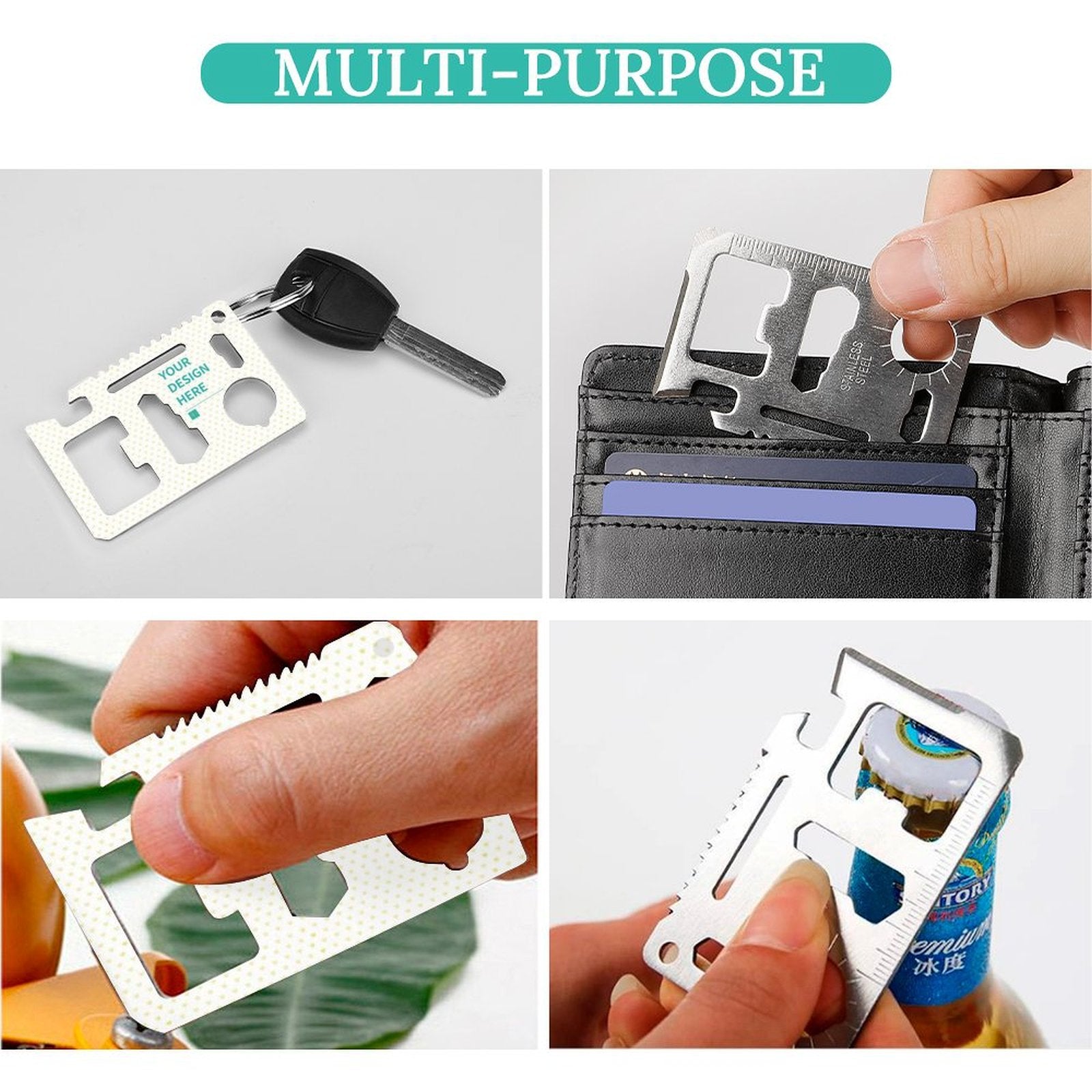 Stainless steel multi-tool credit card multitool for men, with multiple functions and a custom design area, perfect gift