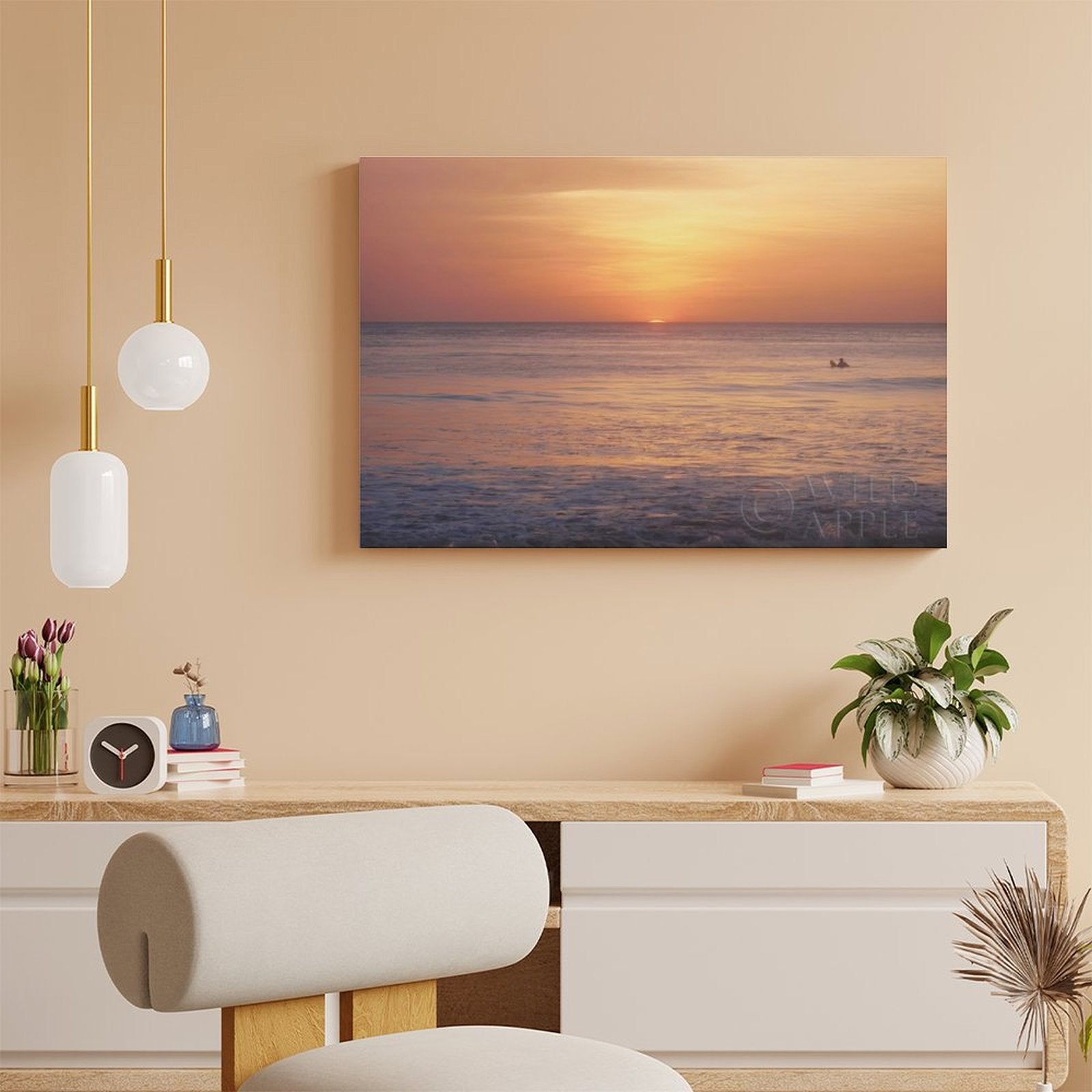 Canvas wall art with vibrant sunset ocean scene for home decor. Ready to hang, printed on high-density canvas. By Wild Apple