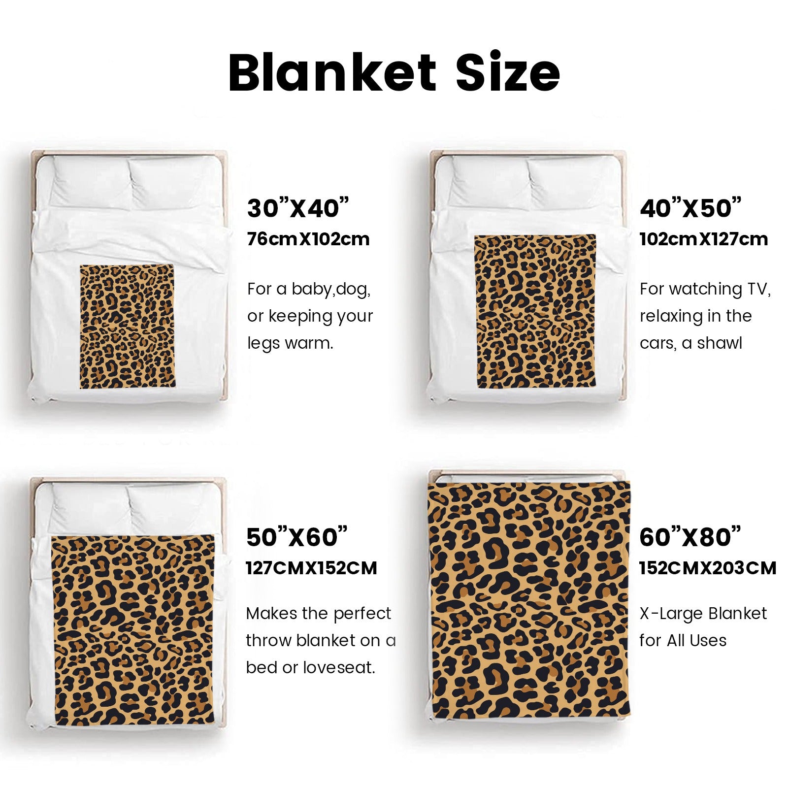 Animal Skin Flannel Blanket size guide, includes 30x40, 40x50, 50x60, and 60x80 inch blanket options, perfect for home decor.