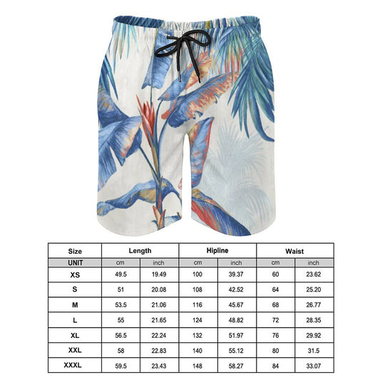 Men's Hawaiian swim trunks with blue tropical leaf design and size chart - Quick dry beach shorts for boyfriend