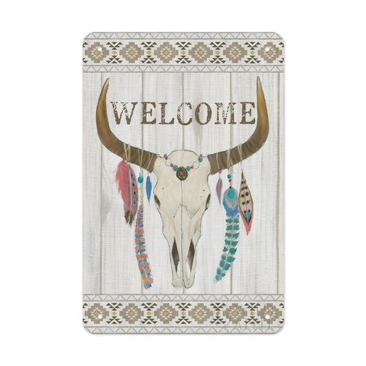 Metal tin sign, Bohemian "WELCOME" bull skull with feathers on wood background. Made in USA.