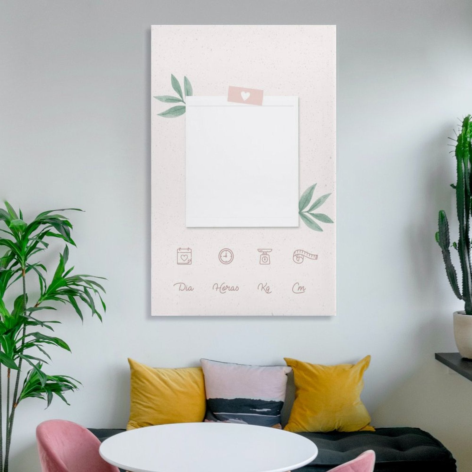 Customizable wall art journal with daily tracking options (Dia, Horas, Kg, Cm) for note-taking