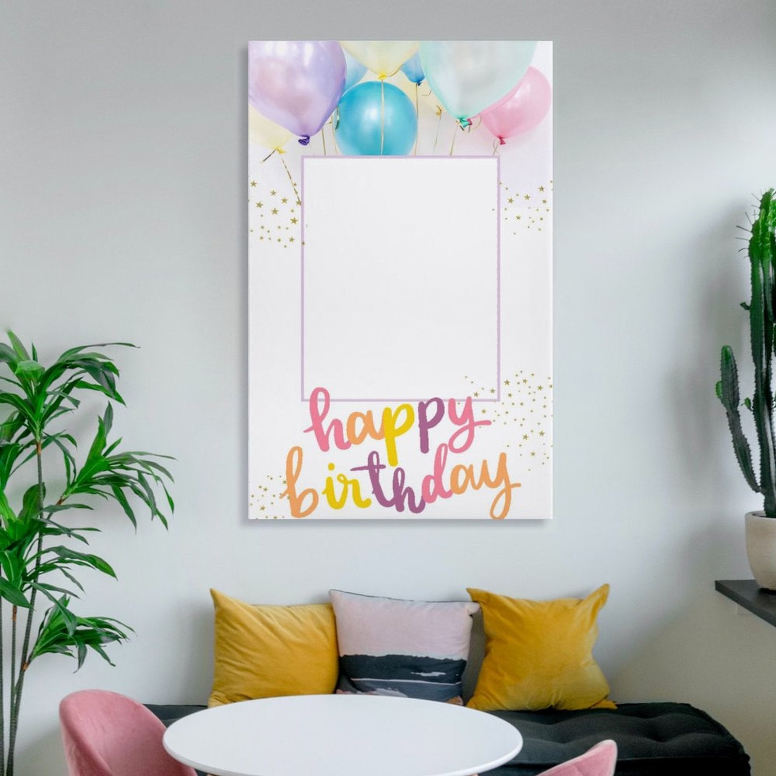 Happy birthday photo frame with colorful balloons, perfect for custom gifts and birthday parties
