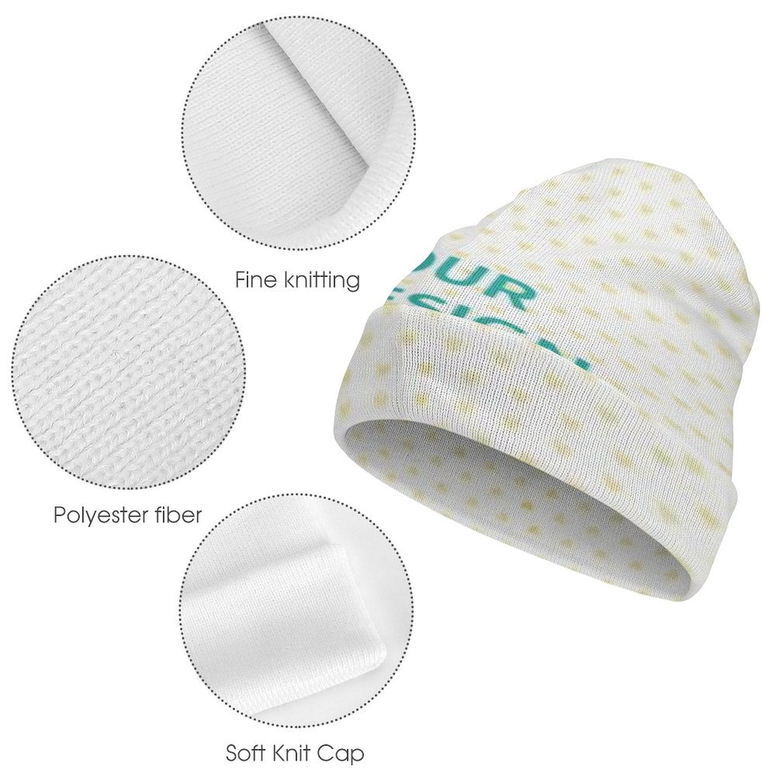 Custom white beanie with UR design, made of polyester fiber, perfect for personalized knitted hat gifts.