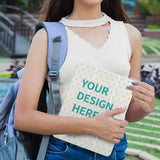 Custom iPad case with 'YOUR DESIGN HERE' text, heart pattern design, personalized tablet cover.