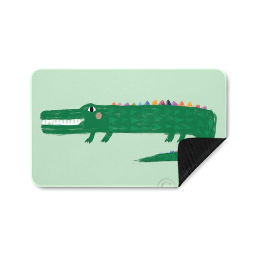Crocodile door mat with cartoon illustration, for indoor or outdoor use, durable rubber floor mat.