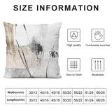 Abstract art plush pillow cover with size chart and features. High quality, comfortable, non-run finish, and breathable.