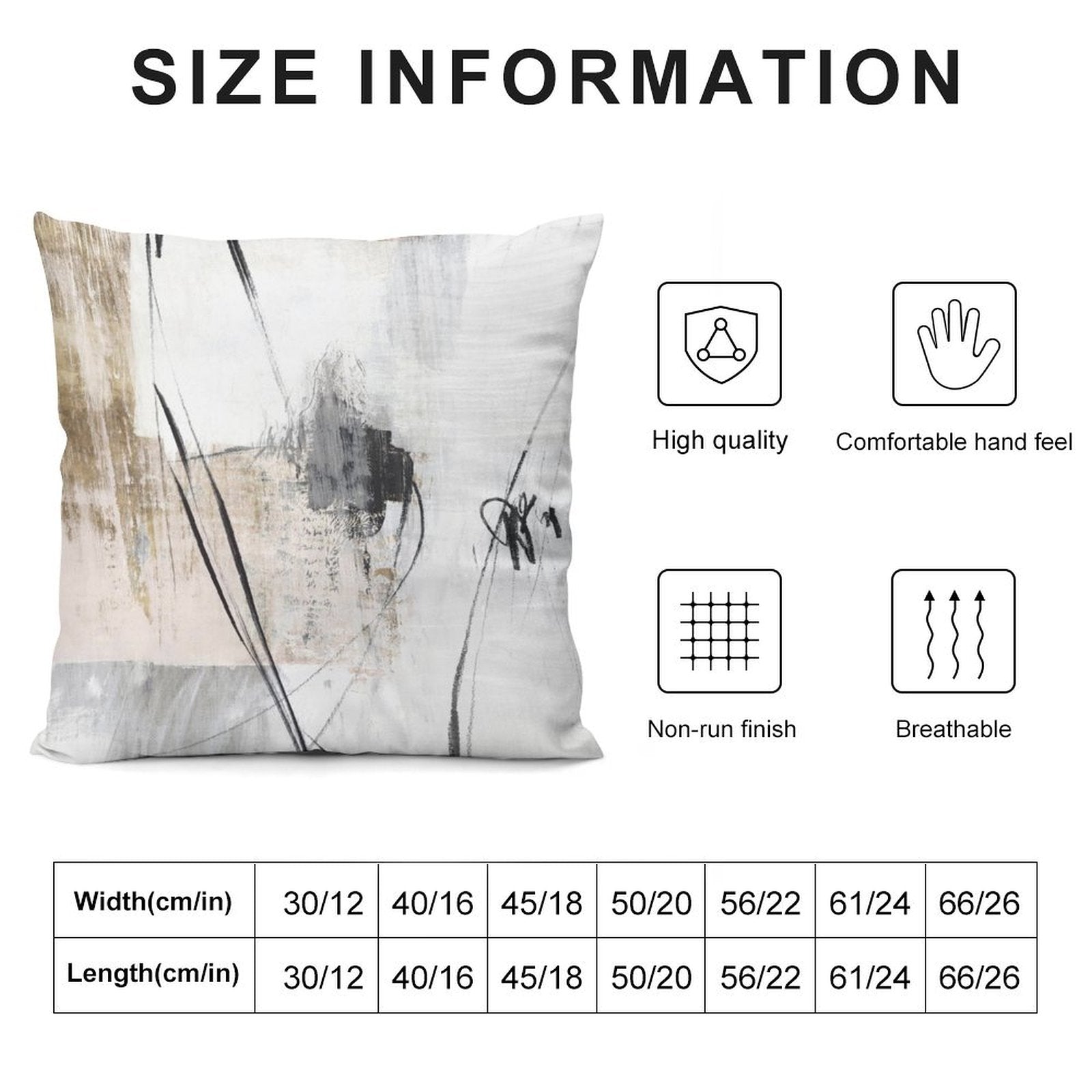 Abstract pillow cover with size details. Soft plush material and modern design for sofa, couch or living room.