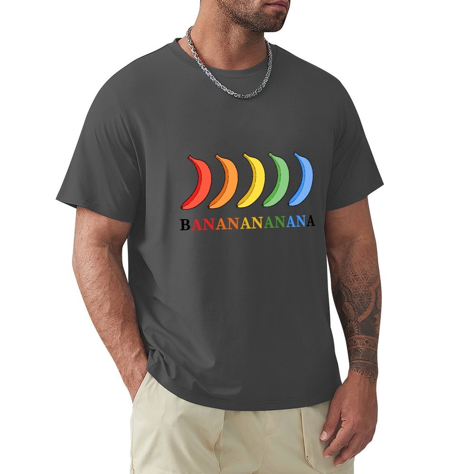 MyArtsyGift Men's classic fit tee in dark grey with rainbow banana graphic, cotton crew neck t-shirt