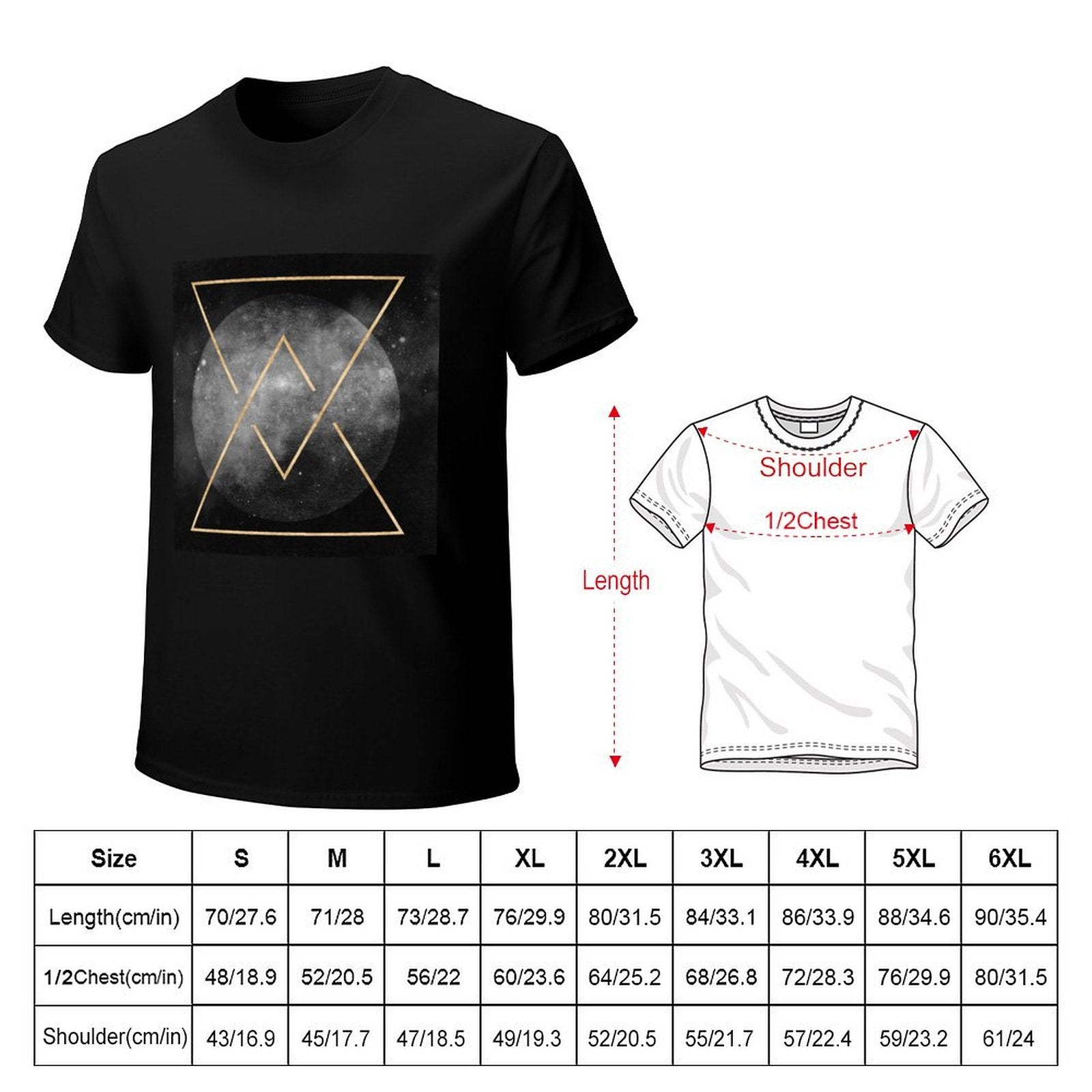 Black cotton men's t-shirt with geometric art print, classic crew neck tee, size chart included, MyArtsyGift