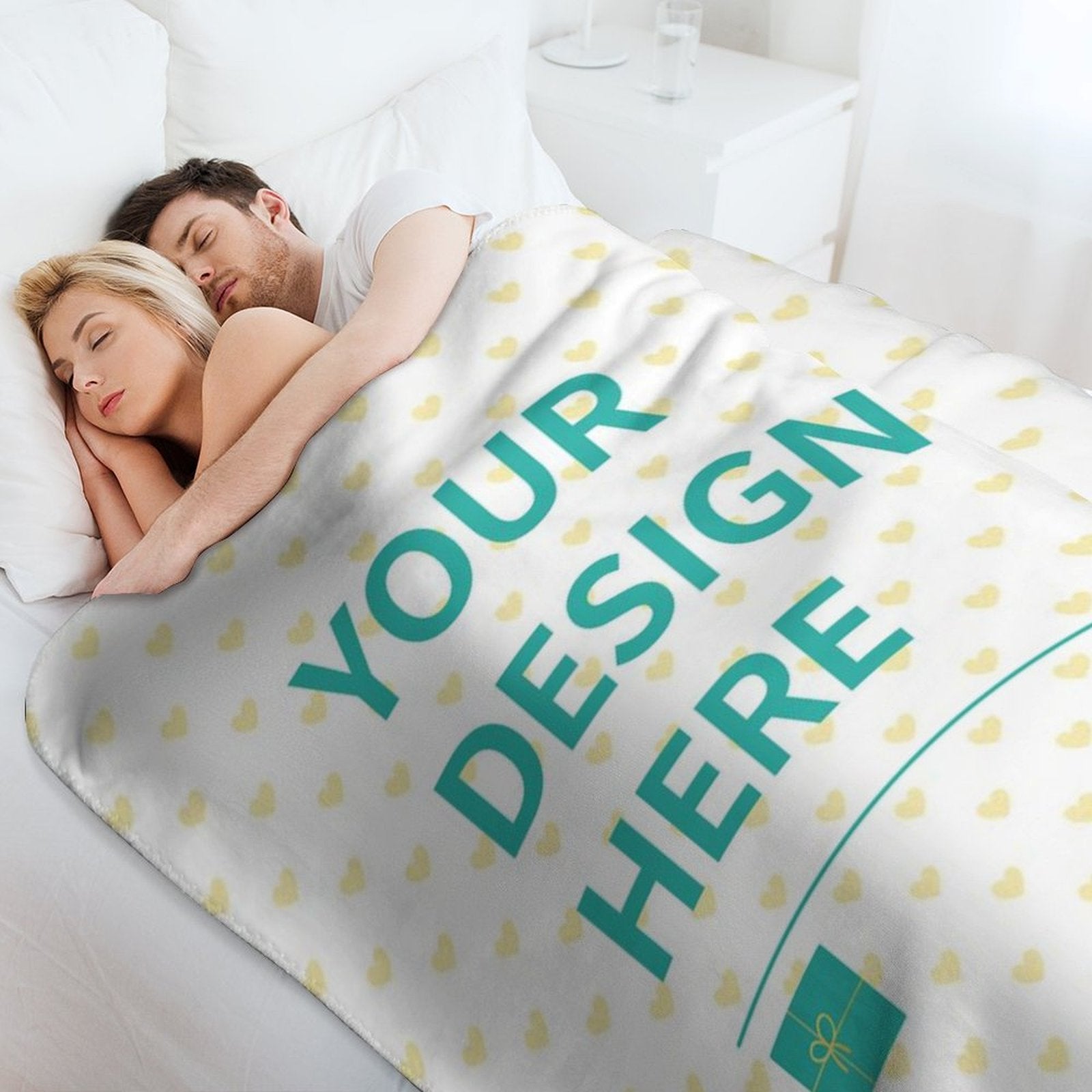 Lamb wool fleece blanket with 'YOUR DESIGN HERE' text, heart pattern, perfect gift for home or travel, MyArtsyGift