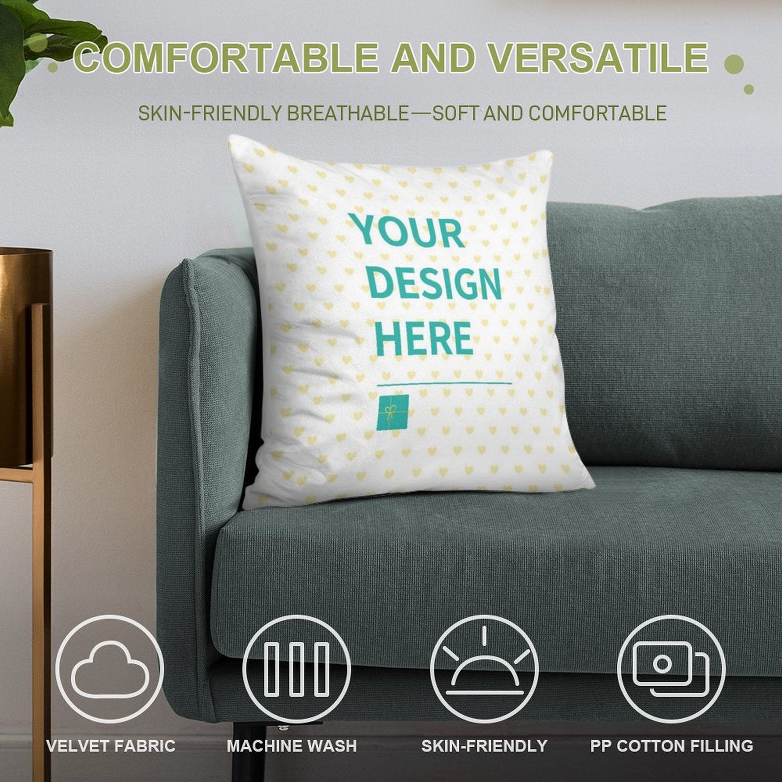 Custom golden velvet pillow case with 'YOUR DESIGN HERE', heart pattern, soft fabric, living room decor