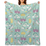 Rainbow Dream fleece blanket featuring unicorns, castles, and rainbows. Soft, cozy and warm.