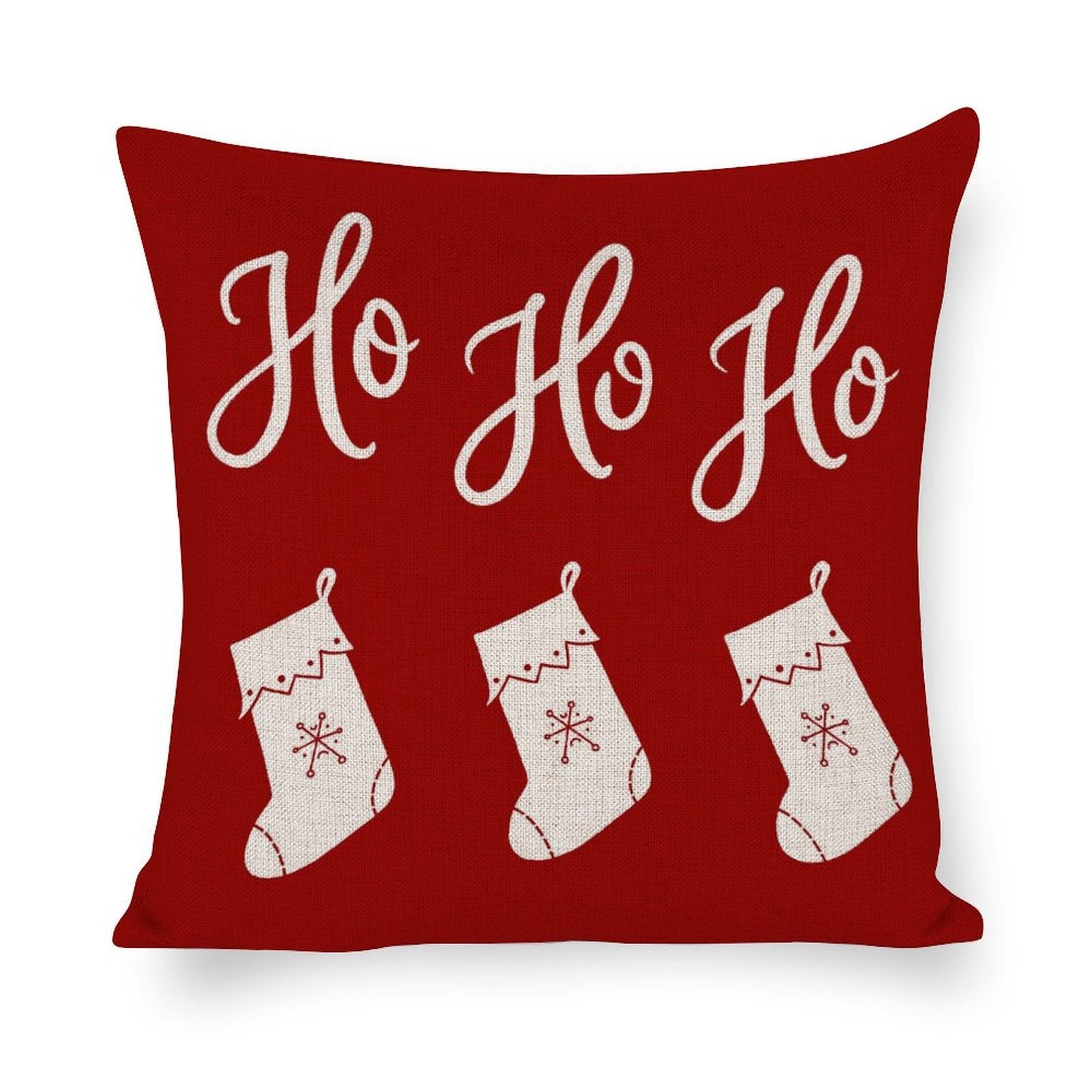 Red Cotton Linen Christmas Pillow with Ho Ho Ho and stockings for bedroom decor.