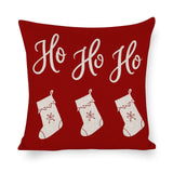Red Cotton Linen Christmas Pillow with Ho Ho Ho and stockings for bedroom decor.