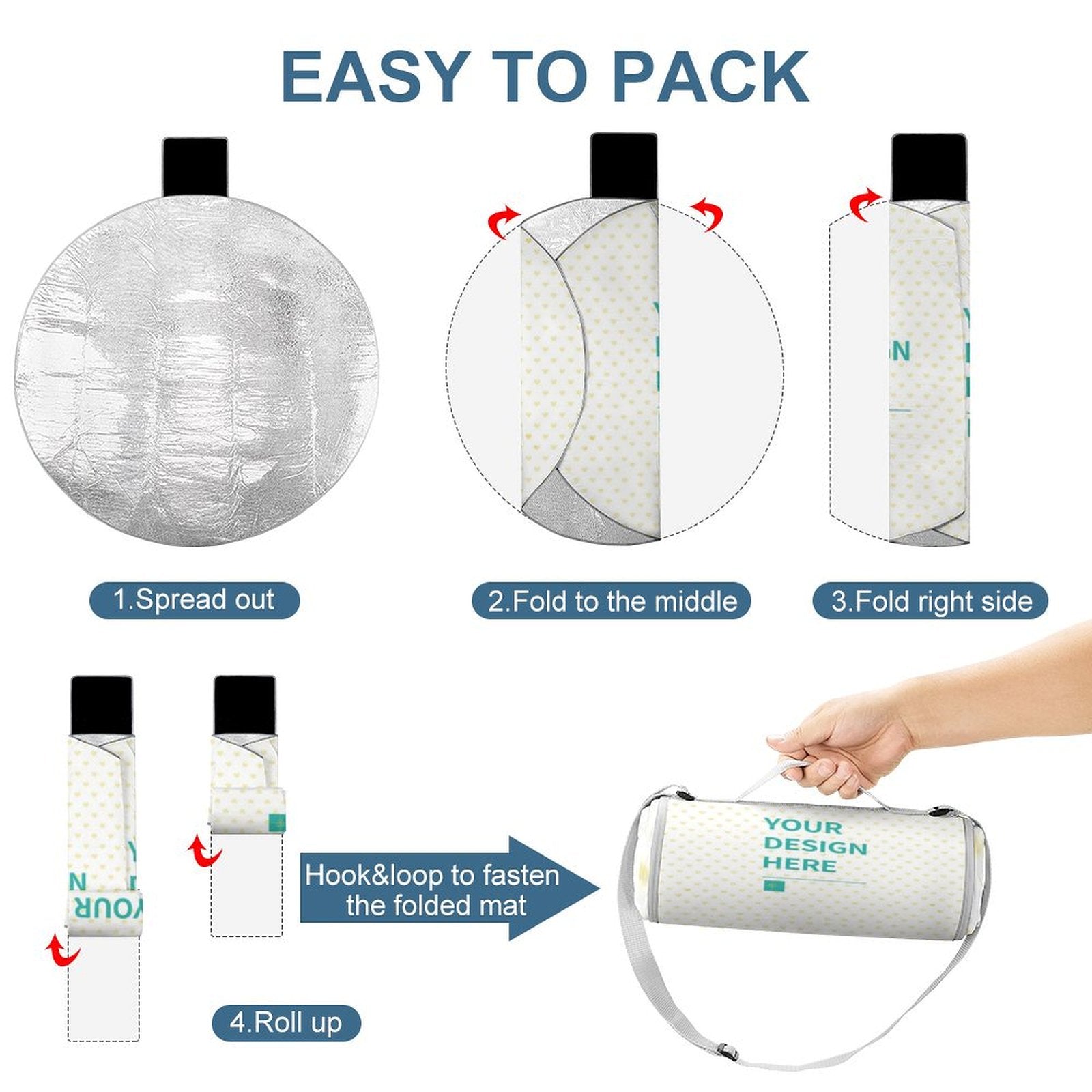 Step-by-step guide to pack the waterproof foldable picnic mat; foldable and easy to carry with personalized design
