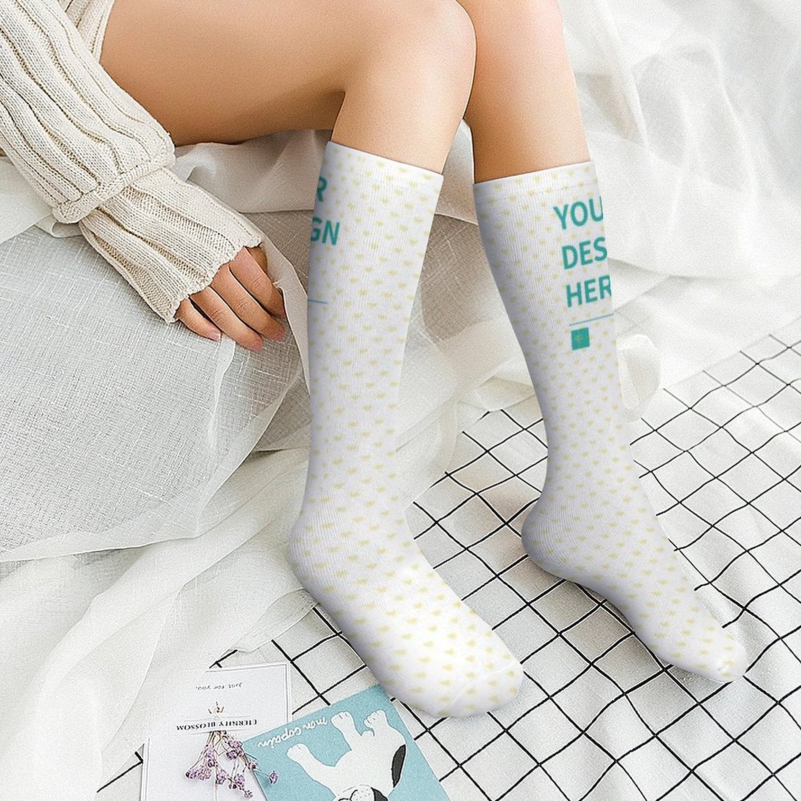 Custom winter socks with heart pattern and 'Your Design Here' text, perfect personalized gift.