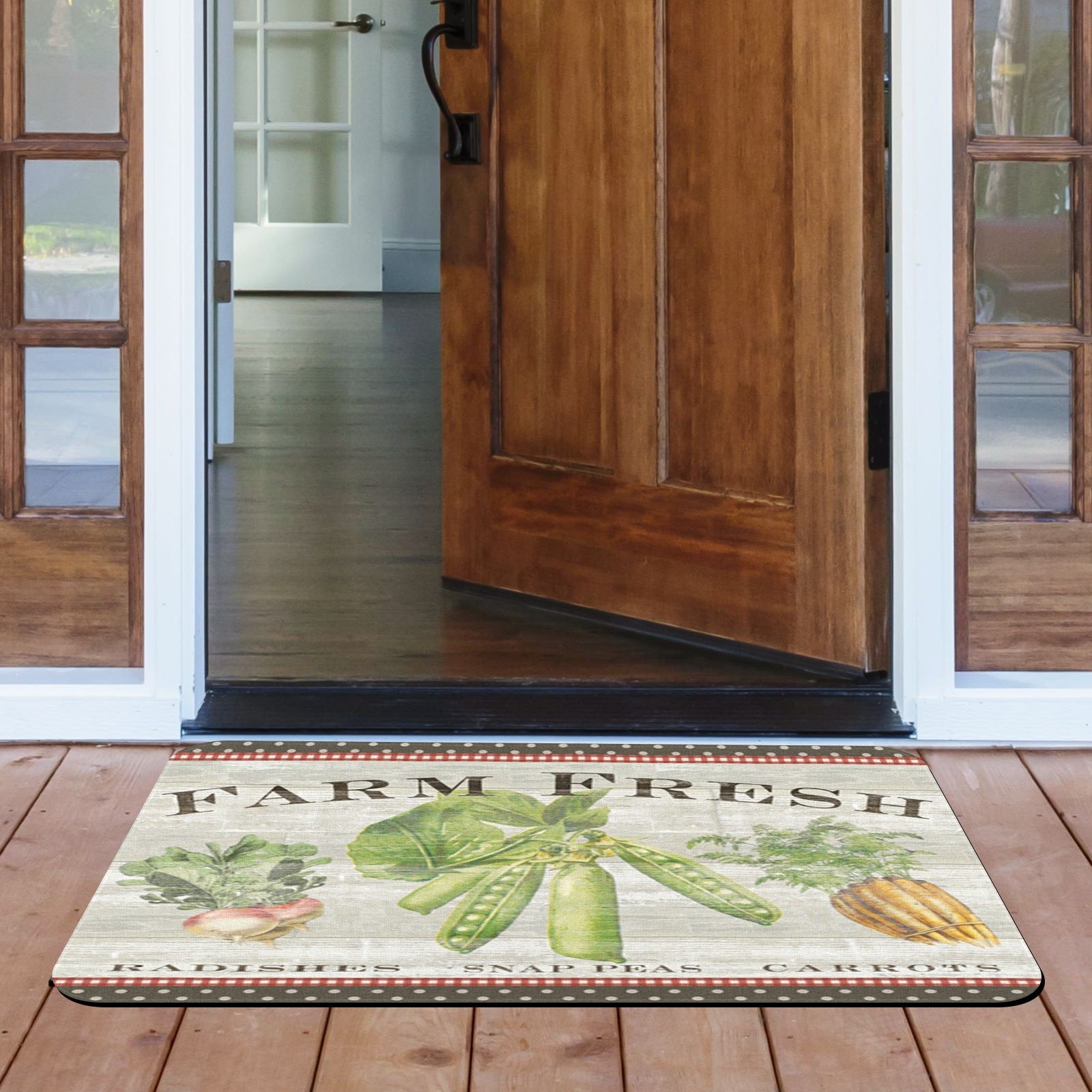 Farm Fresh door mat with radishes, snap peas, and carrots; indoor/outdoor entrance floor mat
