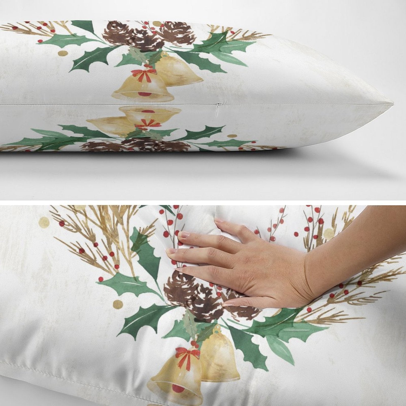 Polyester Christmas pillow cover with festive wreath and bells design. White background, hand touch. Perfect home decor.