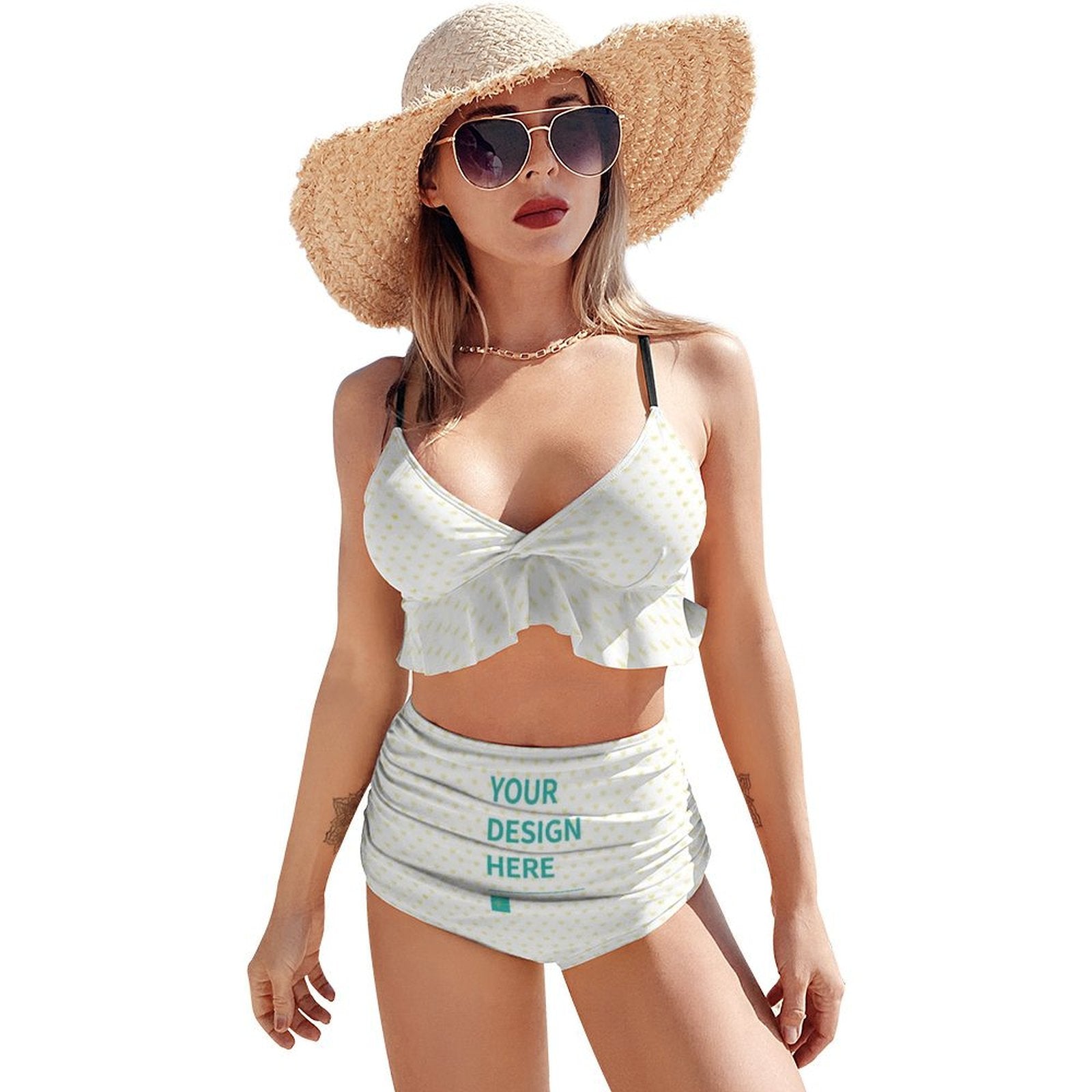 Customizable bikini set with 'YOUR DESIGN HERE' text. Personalized women's swimwear from MyArtsyGift.