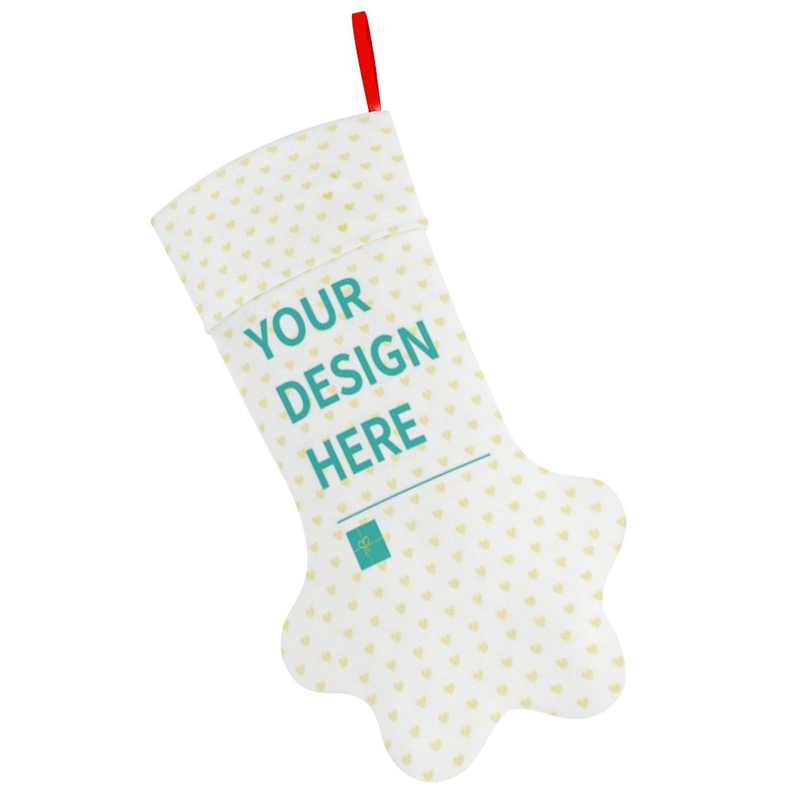 Personalized Christmas Stocking with 'YOUR DESIGN HERE' text. Customizable dog paw Xmas stockings for family.