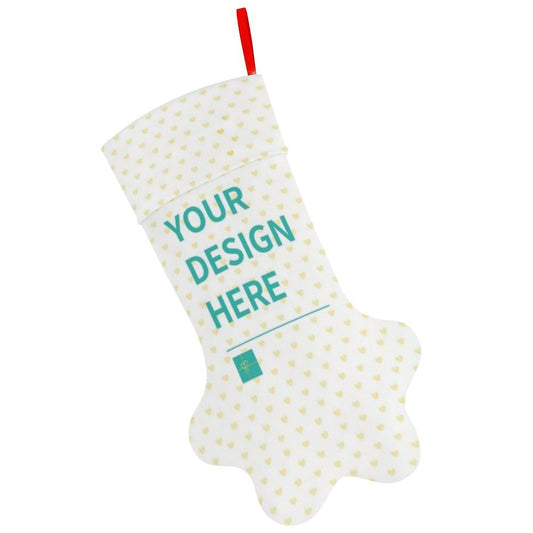 Personalized Christmas Stocking with 'YOUR DESIGN HERE' text. Customizable dog paw Xmas stockings for family.