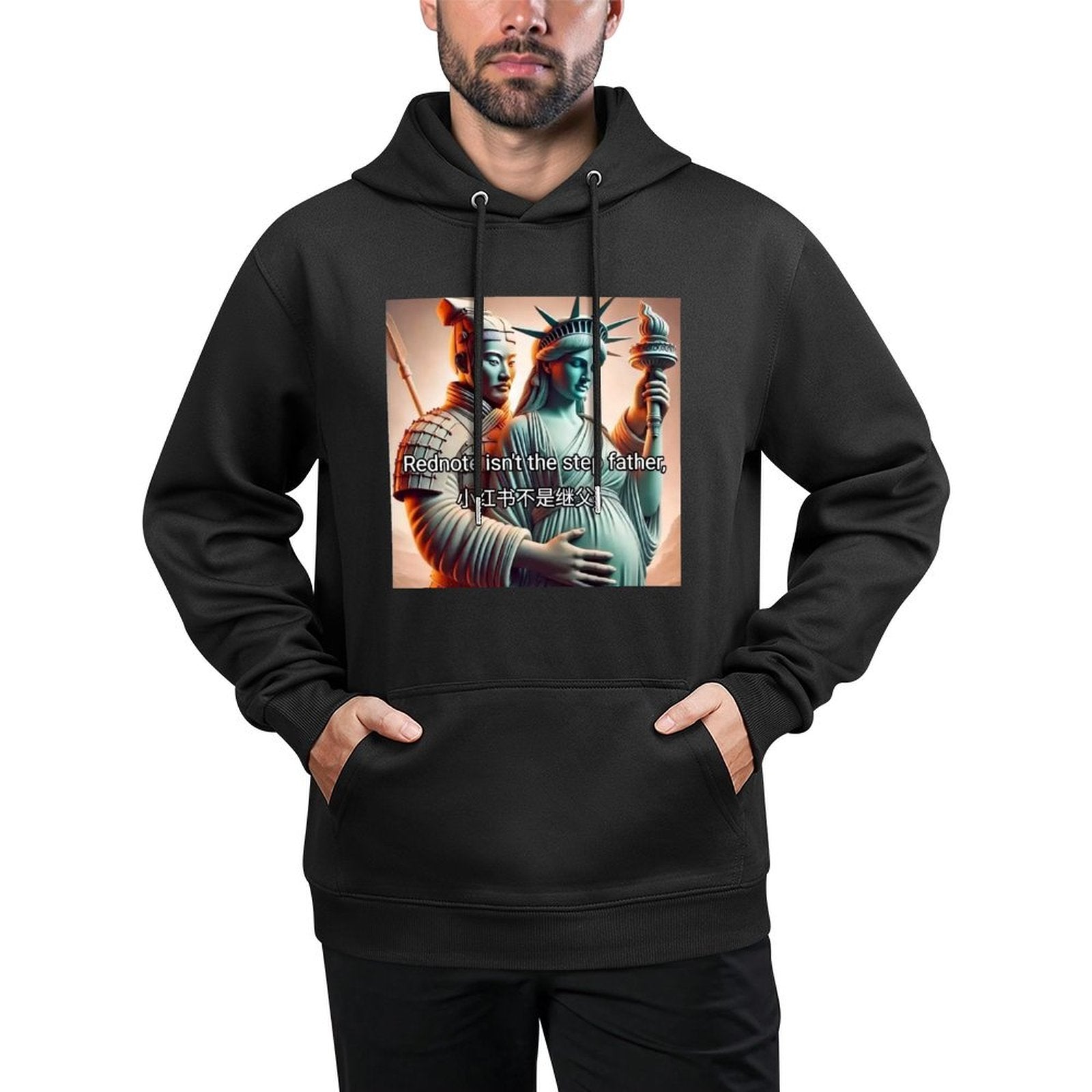 Black hooded sweatshirt with a meme print featuring the Statue of Liberty and a warrior with text.