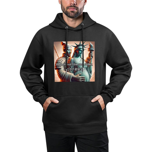 Black hooded sweatshirt with a meme print featuring the Statue of Liberty and a warrior with text.