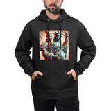 Black hooded sweatshirt with a meme print featuring the Statue of Liberty and a warrior with text.