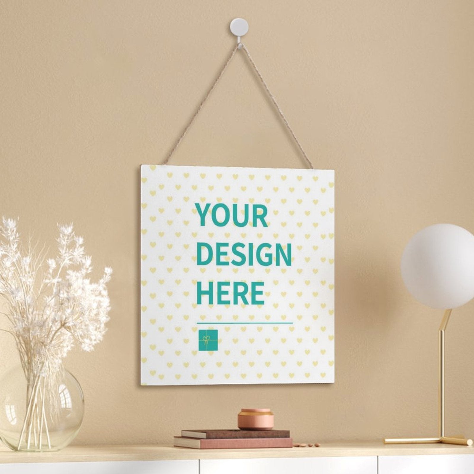 Personalized wooden sign with "YOUR DESIGN HERE" text. Farmhouse decor for home, customized design.