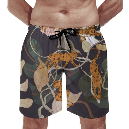 Men's Hawaiian swim trunks with leopard print, quick-dry fabric. Great gifts for boyfriend