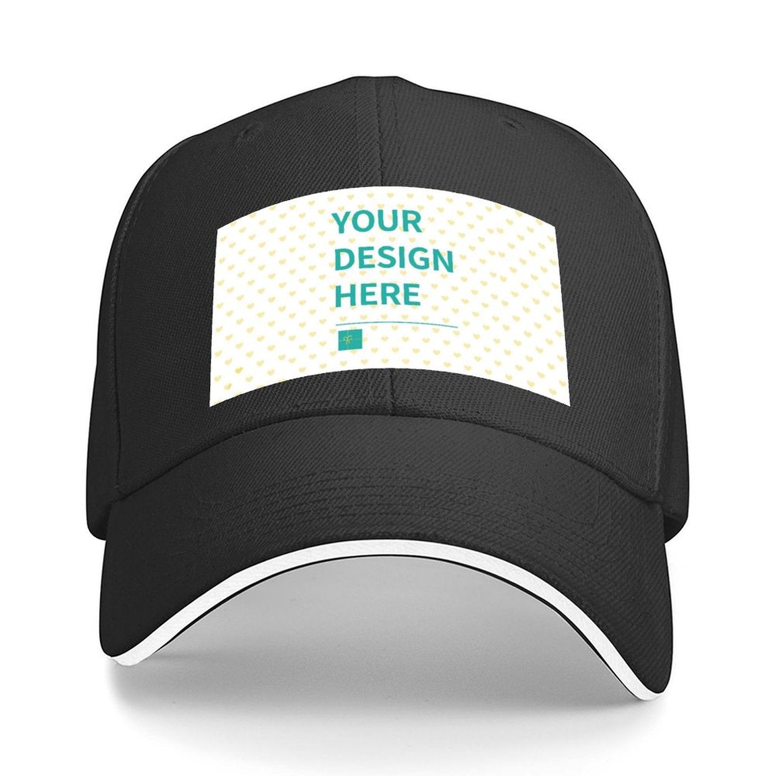 Custom black baseball cap with 'YOUR DESIGN HERE' text, perfect personalized gift, made in USA