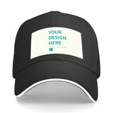 Custom black baseball cap with 'YOUR DESIGN HERE' text, perfect personalized gift, made in USA