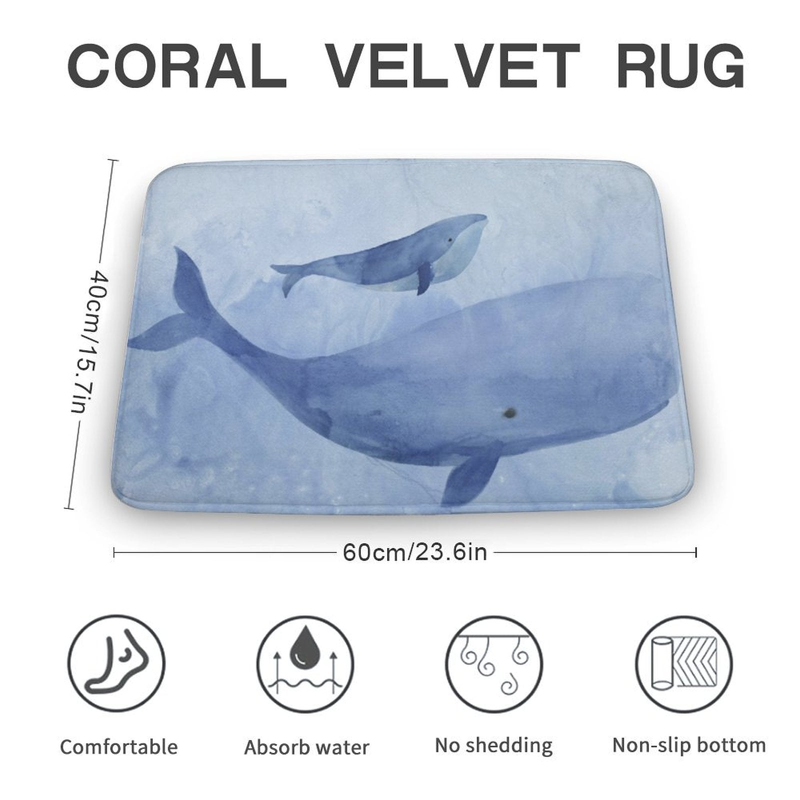 Coral Velvet Rug with Blue Whales, Non-slip, Absorbent, 40cm x 60cm bathroom rug