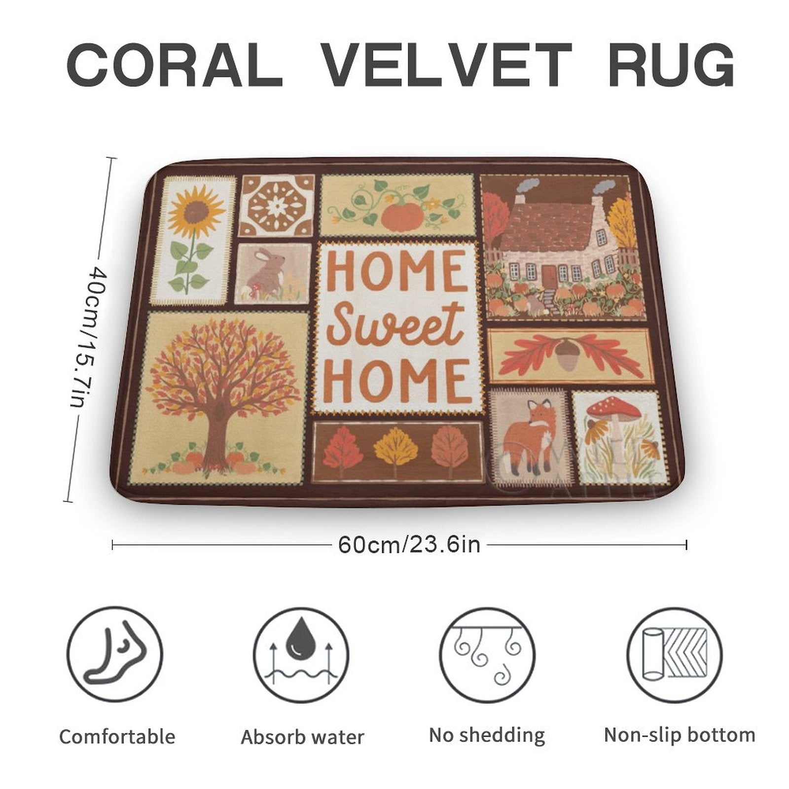 Coral velvet bathroom rug, non-slip, 'Home Sweet Home' design, autumn theme, absorbent