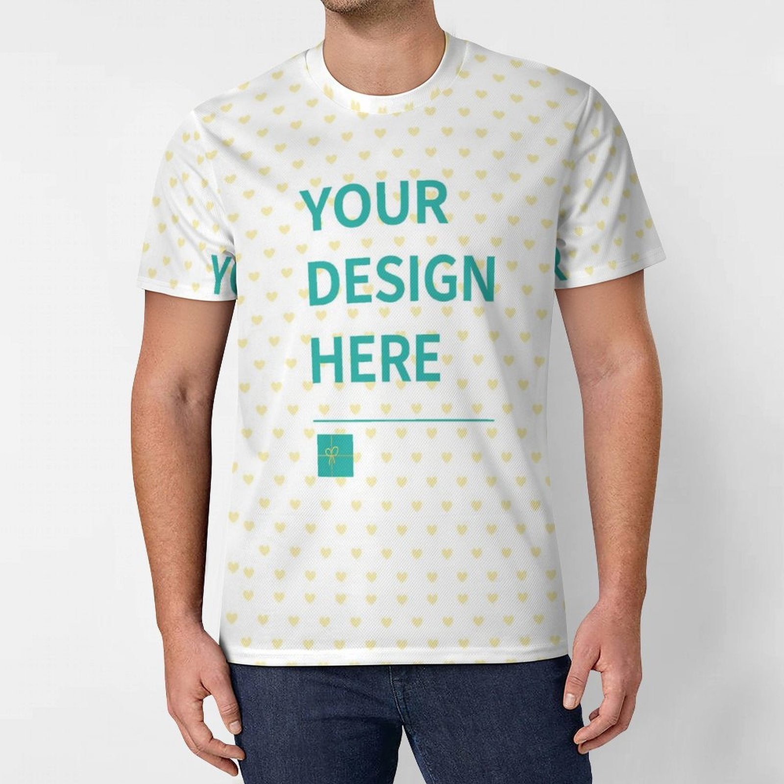 Customizable men's t-shirt with 'YOUR DESIGN HERE' design, ultra-soft mesh fabric from MyArtsyGift.com