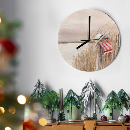 Coastal MDF wall clock for living room decor, beach scene design, round, wooden clock